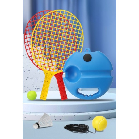 Set Badminton pentru Copii, Cyrax, Doua Palete, Fluturas, 2 Mingi, Minge cu Elastic pentru Antrenament, Suport de Prindere Stabil, 40.5x23 cm, Rosu Galben