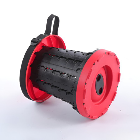 Scaun Telescopic Pliabil pentru Camping si Pescuit,  Portabil, Universal, Sustine 150 kg, ABS, Diametru 25 cm, Extensibil, Inaltime 45 cm, Rosu-Negru