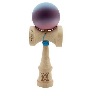 Kendama X Originala, Profesionala, Cyrax, Big Cups V2, Rubber Grip cu Cupe Mari, Rulment Metalic cu Ata 55 cm, Gradient Albastru/Mov/Roz