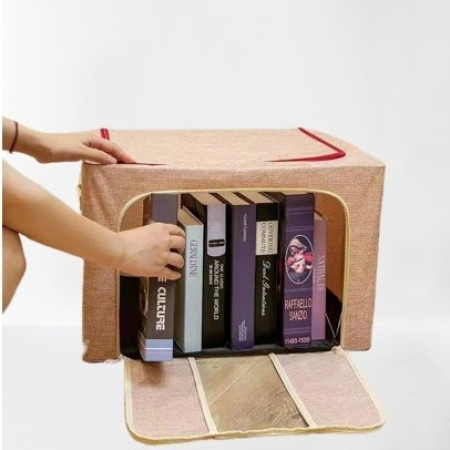 Cutie de Depozitare Pliabila,  100 L, din Bumbac si In, 60x42x40 cm, Fereastra Frontala, 2 Usi de Acces cu Fermoar Bidirectional, Cadru Metalic, Suport Baza Stabil din Plastic, Roz Pudrat