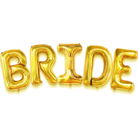 Set Baloane din Folie Metalizata, Cyrax, Model Scris Bride, Litere de 100 cm, Tema Iubire, Baloane Party, Ambalaj Individual, Pai Inclus, Umflare cu Aer sau Heliu, Auriu