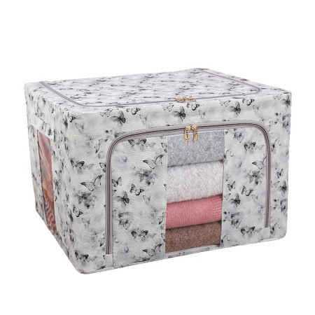 Cutie Depozitare,  66L, din Material Textil, 50 x 40 x 33 cm, pentru Haine si Lenjerii, Model Fluturasi, Gri/Auriu