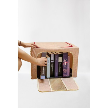 Cutie de Depozitare Pliabila,  66 L, din Bumbac si In, 50x40x33 cm, 2 Ferestre, Frontala si Laterala, 2 Usi de Acces cu Fermoar Bidirectional, Cadru Metalic, Suport Baza Stabil din Plastic, Bej