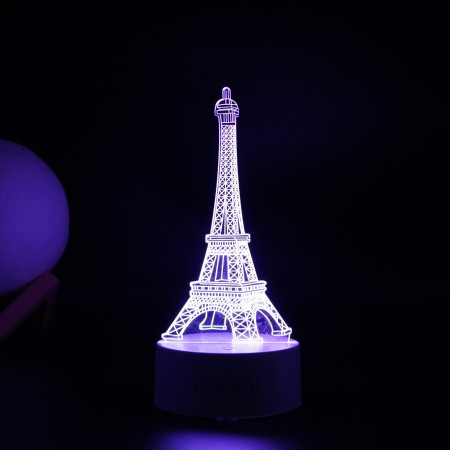 Lampa LED decorativa,  3D, Turnul Eiffel, din material acril si lumina multicolora, alb