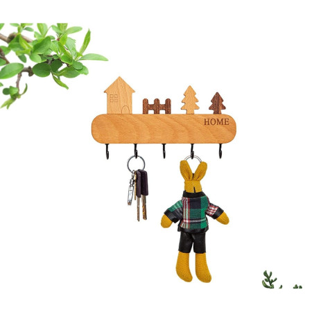 Suport pentru Chei,  din Lemn, Aplicare fara Perforare, Adeziv Inclus, 5 Carlige Negre, Model Casuta, Greutate Suportata 5 kg, 13.5 x 23 cm, Maro