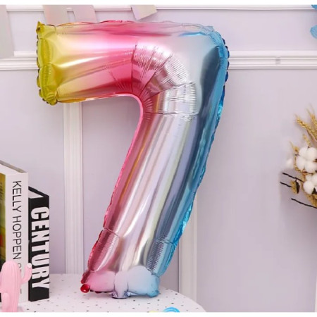 Balon din Folie Metalizata Cyrax, Figurina Cifra, Tema Aniversare 40 cm, Ambalaj Individual, Pai inclus, Umflare cu Aer sau Heliu, Multicolor, Cifra 7