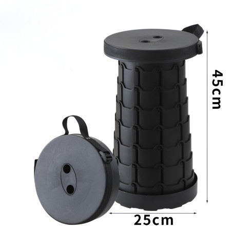 Scaun Telescopic Pliabil pentru Camping si Pescuit,  Portabil, Universal, Sustine 150 kg, ABS, Diametru 25 cm, Extensibil, Inaltime 45 cm, Negru