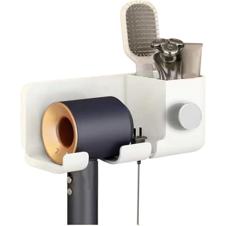 Suport de Baie,  pentru Uscator de Par, cu Organizator Dublu, din Plastic, Aplicare cu Suport Adeziv, 23 x 8.8 x 9.5 cm, Alb