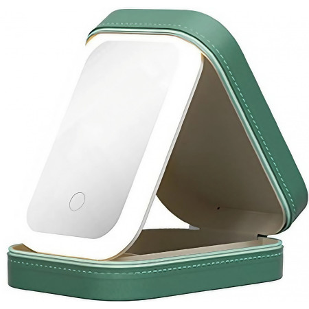 Portfard, Cyrax, Geanta Cosmetice, cu Oglinda LED, 3 Moduri de Lumina, Incarcare USB, Baterie 1200 mAh, pentru Organizarea Cosmeticelor, 4 Compartimente, Imitatie Piele, Verde, 16.5x11.5x6 cm