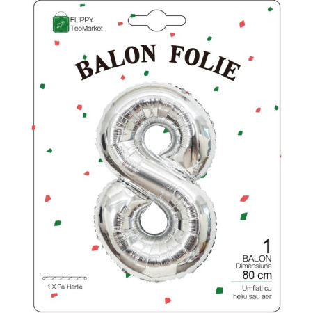Balon din Folie Metalizata, Cyrax, Figurina Cifra, Tema Aniversare 80 cm, Ambalaj Individual, Pai inclus, Umflare cu Aer sau Heliu, Argintiu, Cifra 8