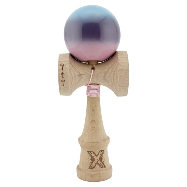 Kendama X Originala, Profesionala, Cyrax, Big Cups V2, Super Sticky cu Cupe Mari, din lemn 18 cm, Rulment Metalic cu Ata 55 cm, Albastru/Mov/Roz
