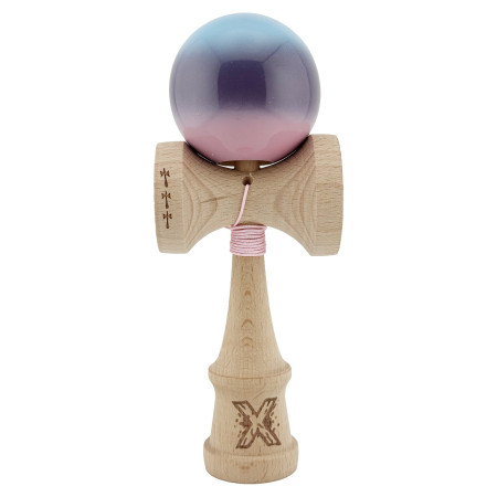 Kendama X Originala, Profesionala, Cyrax, Big Cups V2, Super Sticky cu Cupe Mari, din lemn 18 cm, Rulment Metalic cu Ata 55 cm, Albastru/Mov/Roz