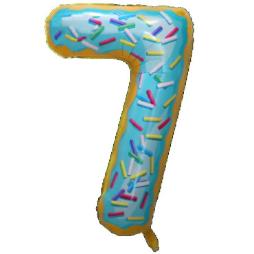 Balon din Folie Metalizata Cyrax, Figurina Cifra, Imprimeu Gogosi, Tema Aniversare 100 cm, Ambalaj Individual, Pai inclus, Umflare cu Aer sau Heliu, Multicolor, Cifra 7