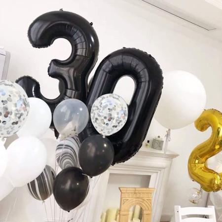 Balon din Folie Metalizata Cyrax, Figurina Cifra, Tema Aniversare 40 cm, Ambalaj Individual, Pai inclus, Umflare cu Aer sau Heliu, Negru, Cifra 3