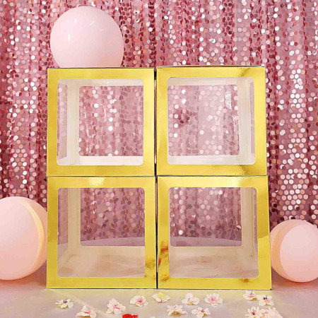 Set 4 Cutii pentru Baloane, Cyrax, Model Simplu, Tematica Aniversare, Cuburi Decorative din Plastic, Accesorii pentru Petrecere, 30 x30 cm, Transparente Contur Auriu