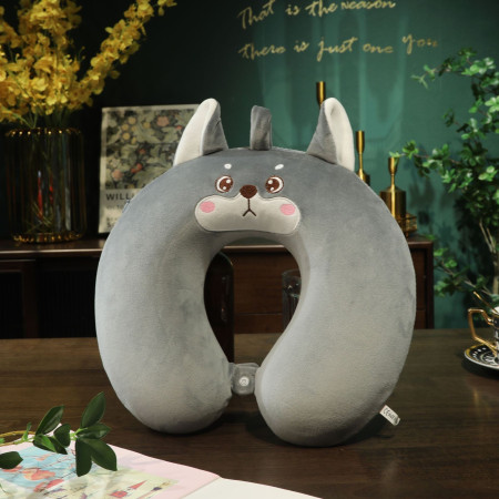 Perna de Calatorie in Forma de U,  Pentru Gat si Cap, Umplutura din Spuma cu Memorie, 30x30 cm, Model Husky, Accesoriu de Voiaj, Birou, Masina, Sistem Prindere Capse, Gri