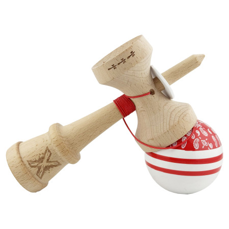 Kendama X Originala CHICANOS, Profesionala, Cyrax, Cupe Mari KING SIZE V3, Super Sticky, Gaura in Baza, Rulment Metalic, din lemn 18 cm, Ata 55 cm, Rosu/Alb