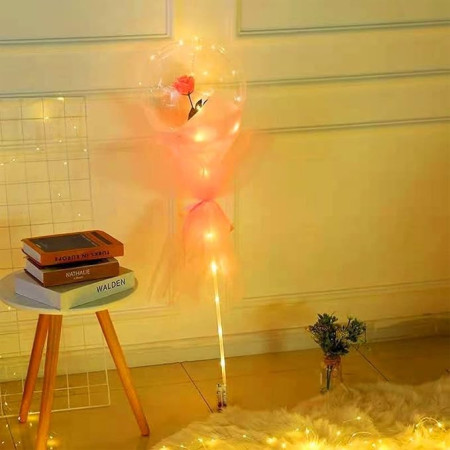Buchet Decorativ, Cyrax, Trandafir in Balon cu Lumini Led, Diametru 35 cm, 2 x Baterii AA (neincluse), Sampanie
