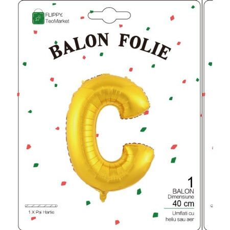 Balon Folie Metalizata Litera C, Cyrax, 40 cm, Umflati cu Heliu sau Aer, Ambalaj Individual, Pai inclus, Auriu