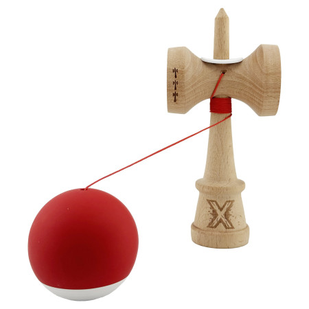 Kendama X Originala, Profesionala, Cyrax, Rubber Grip, Cupe Mari KING SIZE V3, Gaura in Baza, Rulment Metalic, din lemn 18 cm, Ata 62/65 cm, Bicolor Rosu/Alb