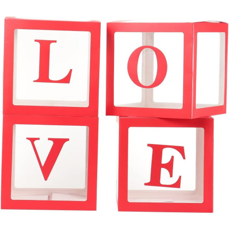 Set 4 Cutii pentru Baloane, Cyrax, Model Scris Love, Tematica Iubire, Cuburi Decorative din Plastic, Accesorii pentru Petrecere, 30x30 cm, Transparente Contur Rosu