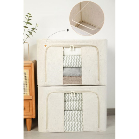 Cutie de Depozitare Pliabila,  Cu Fereastra si Fermoar Dublu, 66 L, Textil Premium, 50x40x33 cm, Cadru Metalic, Impermeabila, Alb Texturat