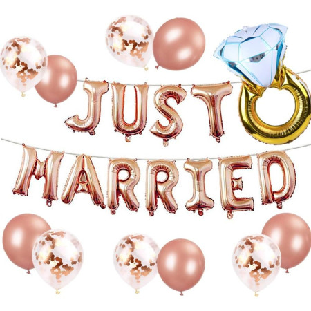 Set Baloane din Folie Metalizata, Cyrax, Model Just Married, Litere de 40 cm, Baloane Party, Ambalaj Individual, Pai, Ata si Adeziv Incluse, Umflare cu Aer sau Heliu, Roz
