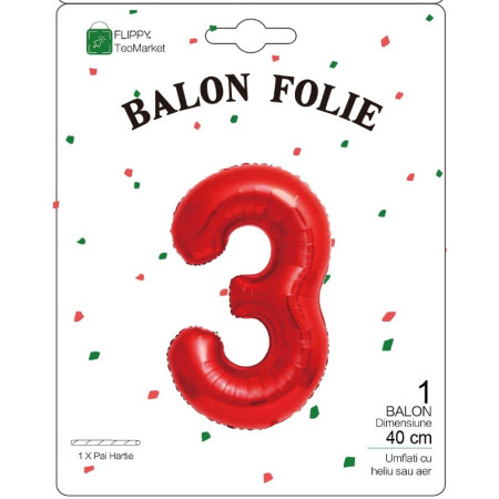 Balon din Folie Metalizata Cyrax, Figurina Cifra, Tema Aniversare 40 cm, Ambalaj Individual, Pai inclus, Umflare cu Aer sau Heliu, Rosu, Cifra 3