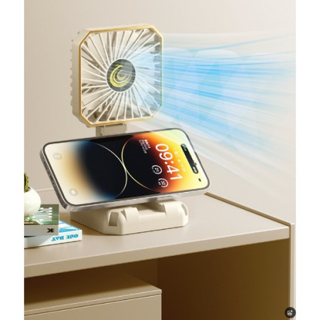 Ventilator Portabil,  de Gat, de Birou, Suport Telefon, 14 x 7 cm, Incarcare USB, din ABS, 3 Viteze, Alb