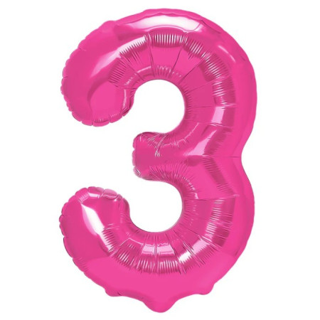 Balon din Folie Metalizata Cyrax, Figurina Cifra, Tema Aniversare 40 cm, Ambalaj Individual, Pai inclus, Umflare cu Aer sau Heliu, Roz, Cifra 3