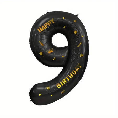 Balon din Folie Metalizata Cyrax, Figurina Cifra si Coroana, Scris Happy Birthday, Tema Aniversare 100 cm, Ambalaj Individual, Pai inclus, Umflare cu Aer sau Heliu, Negru, Cifra 9