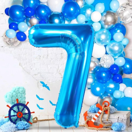 Balon din Folie Metalizata Cyrax, Figurina Cifra, Tema Aniversare 40 cm, Ambalaj Individual, Pai inclus, Umflare cu Aer sau Heliu, Albastru, Cifra 7