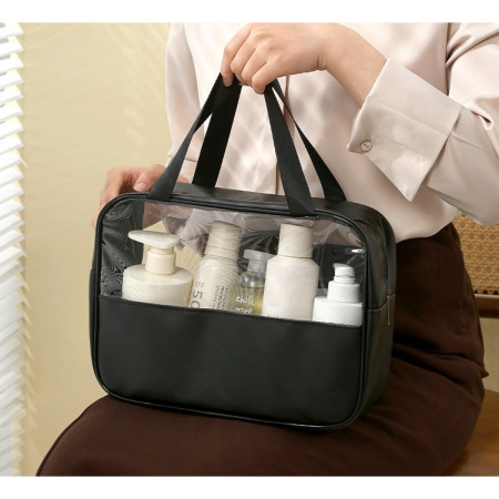 Geanta cosmetice Cyrax, pentru voiaj sau organizare, material PVC/textil, impermeabila, portabila, 30X21X12 cm, negru