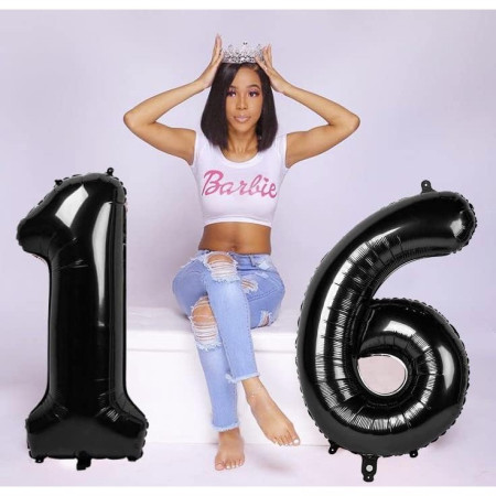 Balon din Folie Metalizata Cyrax, Figurina Cifra, Tema Aniversare 40 cm, Ambalaj Individual, Pai inclus, Umflare cu Aer sau Heliu, Negru, Cifra 6