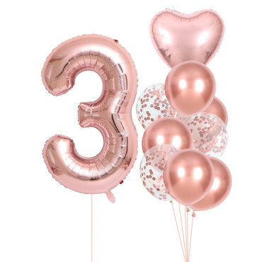 Set 10 Baloane Folie si Latex, Cyrax, Tematica Aniversare, Baloane Latex 25cm, Figurina Inimioara 45 cm, Cifra 3 de 81 cm, Ambalaj Individual, Pai Inclus, Umflare cu Aer sau Heliu, Roz Pal