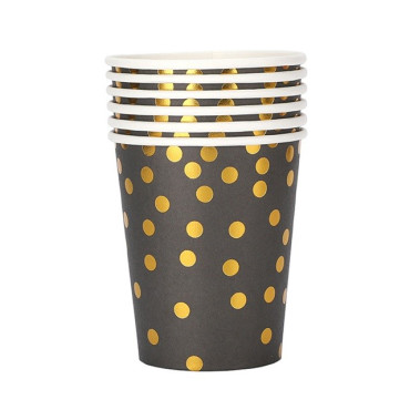 Set 10 Pahare, Cyrax, Imprimeu cu Buline, din Carton, 250 ml, 7.5 x 8.5 x 5.2 cm, Negru/Auriu