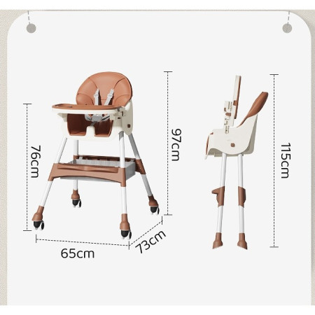 Scaun de masa pentru bebelusi si copii Cyrax, cu roti, telescopic, pliabil, masuta reglabila, suport picioare, scaun invelis piele artificiala, centura siguranta, spatiu depozitare, 97 x 73 x 65 cm, maro