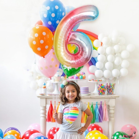 Balon din Folie Metalizata Cyrax, Figurina Cifra, Tema Aniversare 40 cm, Ambalaj Individual, Pai inclus, Umflare cu Aer sau Heliu, Multicolor, Cifra 6