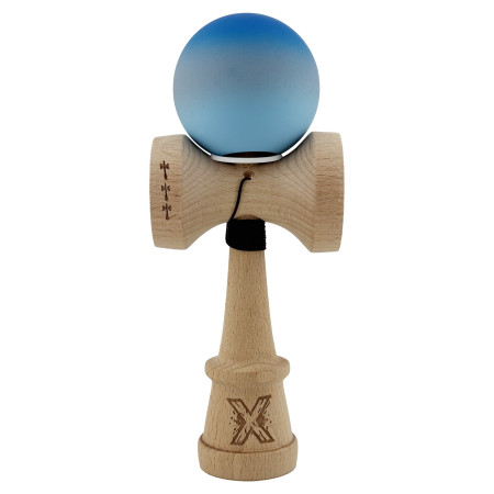 Kendama X Originala, Profesionala, Cyrax, Cupe Mari KING SIZE V3, Rubber Grip, Gaura in Baza, Rulment Metalic, din lemn 18 cm, Ata 62/65 cm, Gradient Albastru/Gri/Albastru deschis