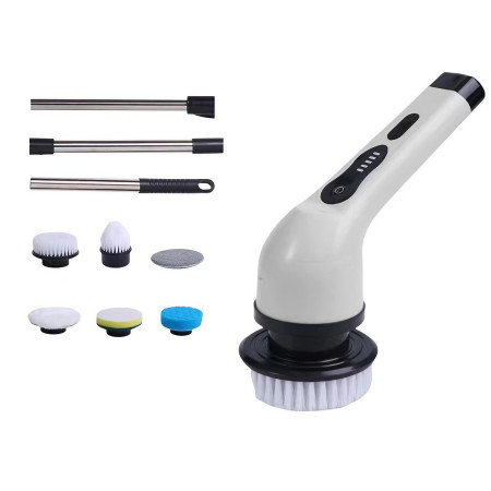 Perie Electrica de Curatare,  pentru Gresie, Baie, Bucatarie, 25x20x9.5 cm, cu 6 Capete, Maner Extensibil Detasabil 84-127cm, Incarcare USB-Type C, Rotire 360 de Grade, 3000 mAh, Culoare: Alb