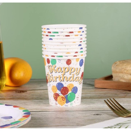 Set 10 Pahare, Cyrax, Imprimeu Happy Birthday, Baloane din Carton, 230 ml, 7.5 x 8.6 cm, Multicolor