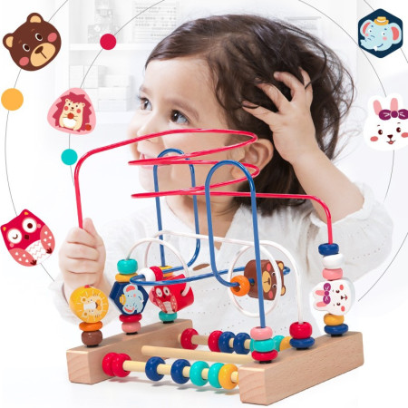 Jucarie din Lemn Montessori, Cyrax, Labirint Motricitate cu Abac si Animalute, Rollercoaster pentru Copii, Educativ, Dezvoltarea Abilitatilor Motorii, Numaratoare, 22.5x22.5x15 cm, Multicolor
