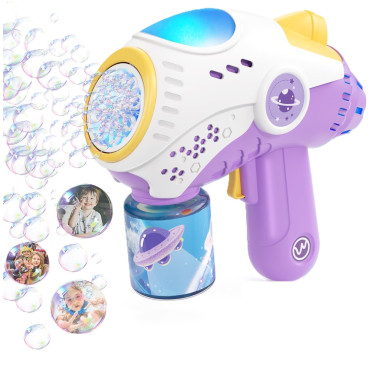 Jucarie Interactiva pentru Baloane de Sapun, Cyrax, Sunete si Lumini, Model Pistol, cu 8 Orificii, 19 x 8.8 x 16.3 cm, Mov