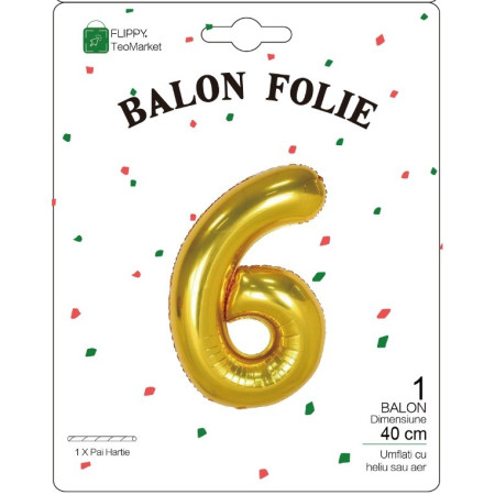 Balon din Folie Metalizata Cyrax, Figurina Cifra, Tema Aniversare 40 cm, Ambalaj Individual, Pai inclus, Umflare cu Aer sau Heliu, Auriu, Cifra 6
