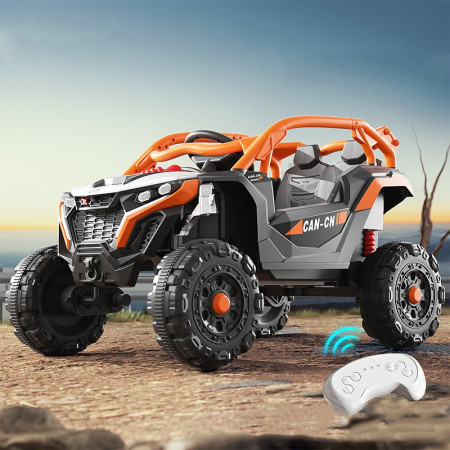 Masina Electrica pentru Copii, Cyrax, Tip Buggy/UTV Off-Road Dual Drive, Conectare Bluetooth, Telecomanda, Lumina Intermitenta si Muzica, Baterie 380*2, 6V 7Ah, 97 x 62 x 58 cm, Portocaliu Negru