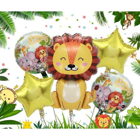 Set 5 Baloane din Folie Metalizata, Cyrax, Figurine, Tema Aniversare Jungla, Pai Inclus, Ambalaj Individual, Umflare cu Aer sau Heliu, Figurina Leu 69.5x101 cm, Stelute si Cerculete 45 cm, Multicolor