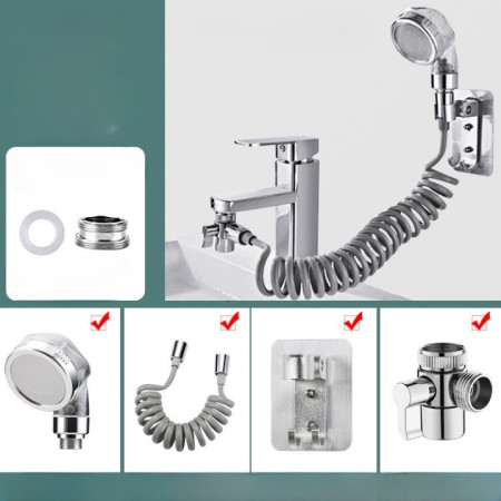 Set Extensie de Dus,  pentru Baterie Baie sau Bucatarie, 4 Piese, Filtru de Ioni Negativi, Furtun Flexibil de 1.5 Metri, Argintiu