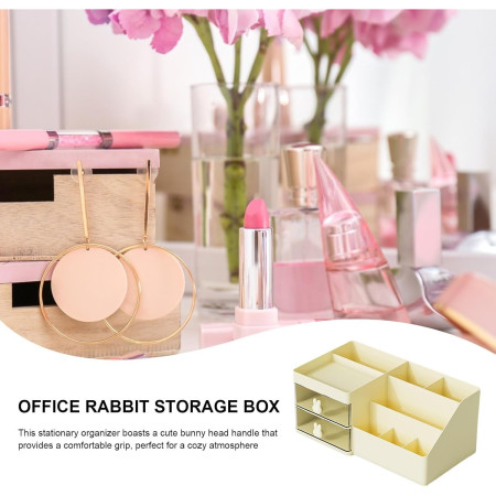 Cutie de Depozitare pentru Birou,  Pentru Makeup, Papetarie, Organizator Cosmetice, 2 Sertare si Compartimente Multiple, Model Iepuras, Plastic, 27.5x15.5x12 cm, Crem