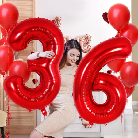 Balon din Folie Metalizata Cyrax, Figurina Cifra, Tema Aniversare 100 cm, Ambalaj Individual, Pai inclus, Umflare cu Aer sau Heliu, Rosu, Cifra 6