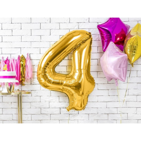 Balon din Folie Metalizata Cyrax, Figurina Cifra, Tema Aniversare 100 cm, Ambalaj Individual, Pai inclus, Umflare cu Aer sau Heliu, Auriu, Cifra 4
